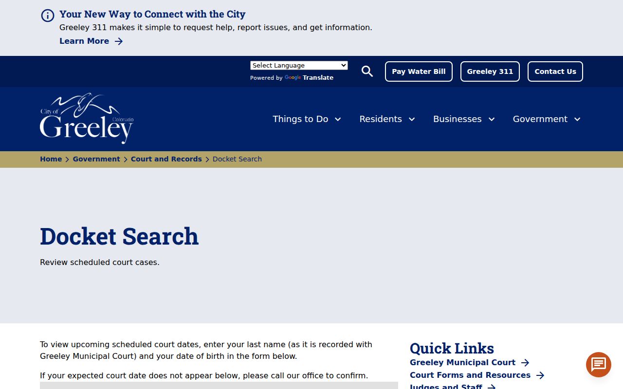 Greeley resident lookup municipal docket search