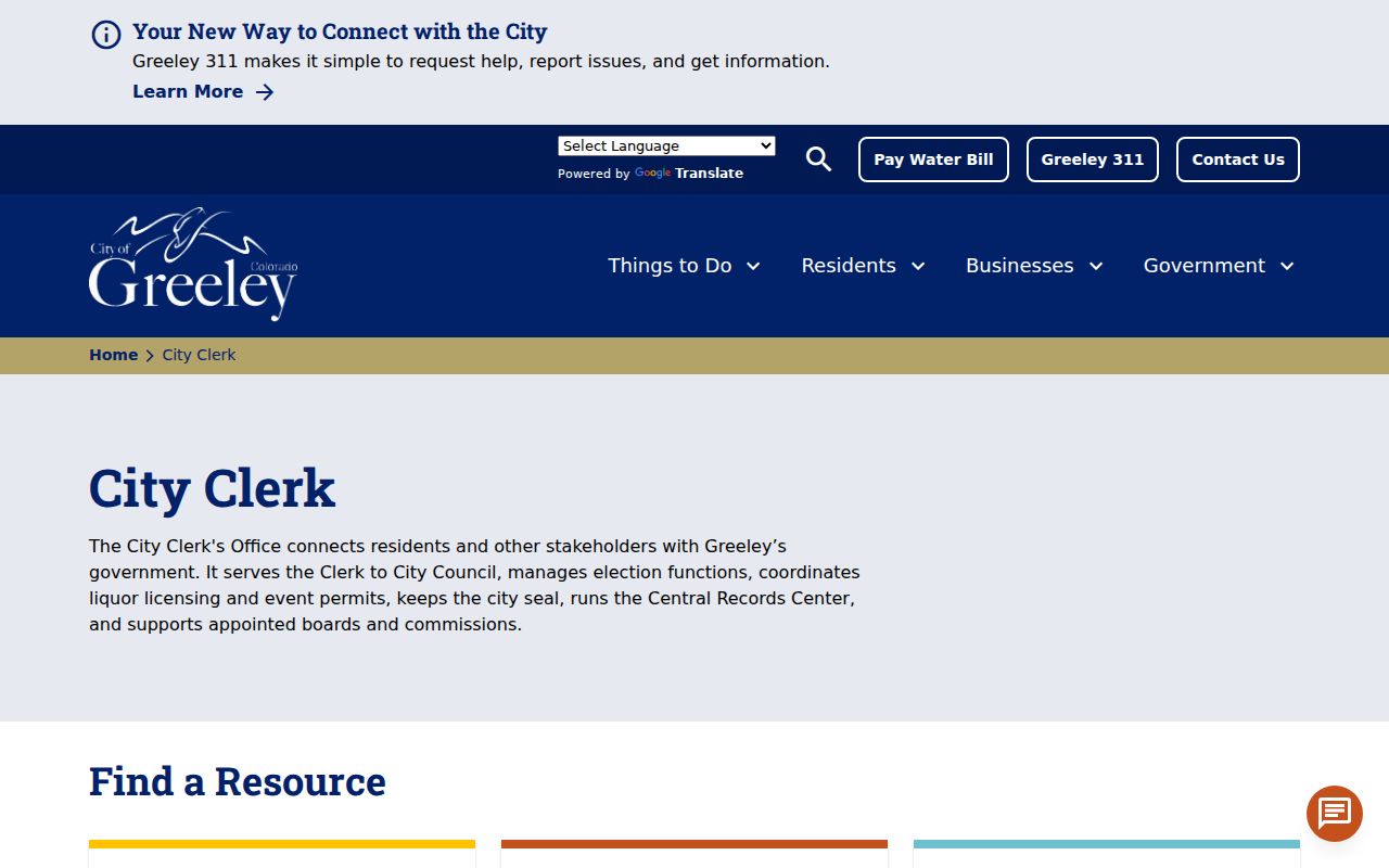 Greeley residents directory City Clerk records page