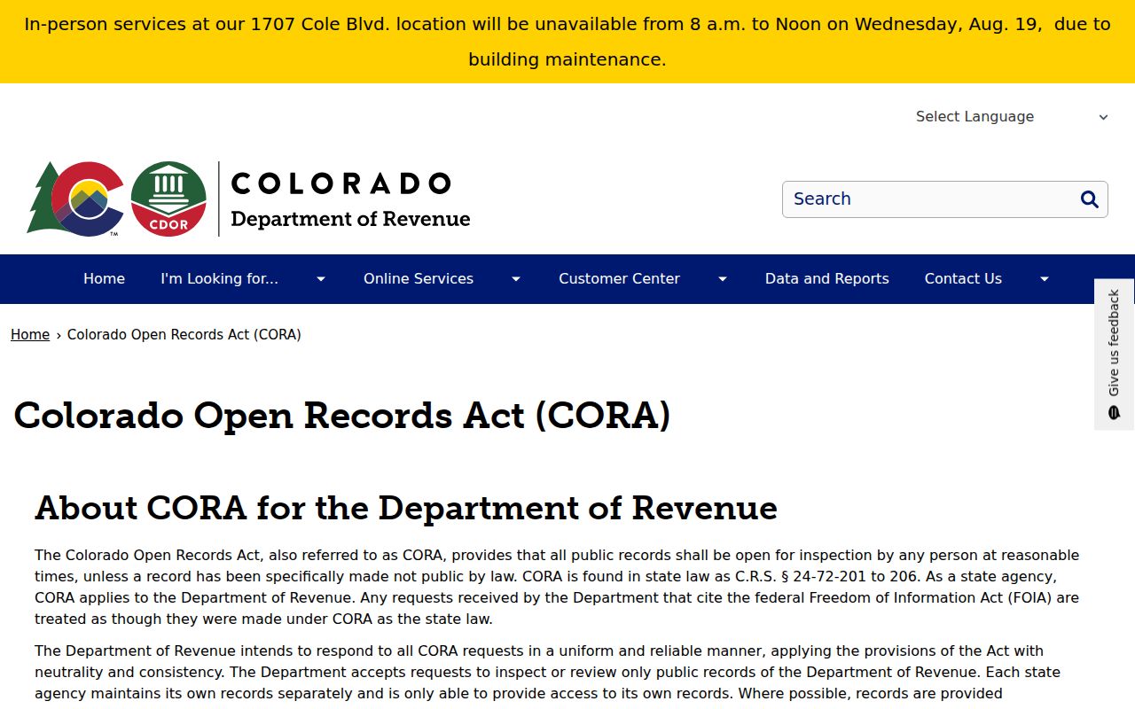Greeley residents directory Colorado Open Records Act guidance